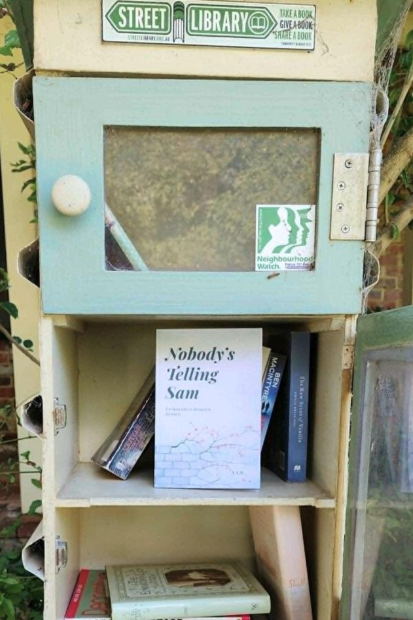The book 'Nobody’s Telling Sam' by S.A.M., in a street library. The book 'Nobody’s Telling Sam' by S.A.M., in a street library.