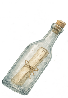 Nobodys Telling Sam — Message in a Bottle A watercolor illustration of a clear glass bottle floating at a slight angle against a white background. Inside the bottle is a rolled parchment scroll tied with a small twine bow, sealed with a cork at the top.