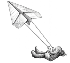 Nobodys Telling Sam — Flying from Paper Plane A black and white ink sketch of a person riding a swing attached to a large paper airplane folded from newspaper print, gliding through an empty white space.